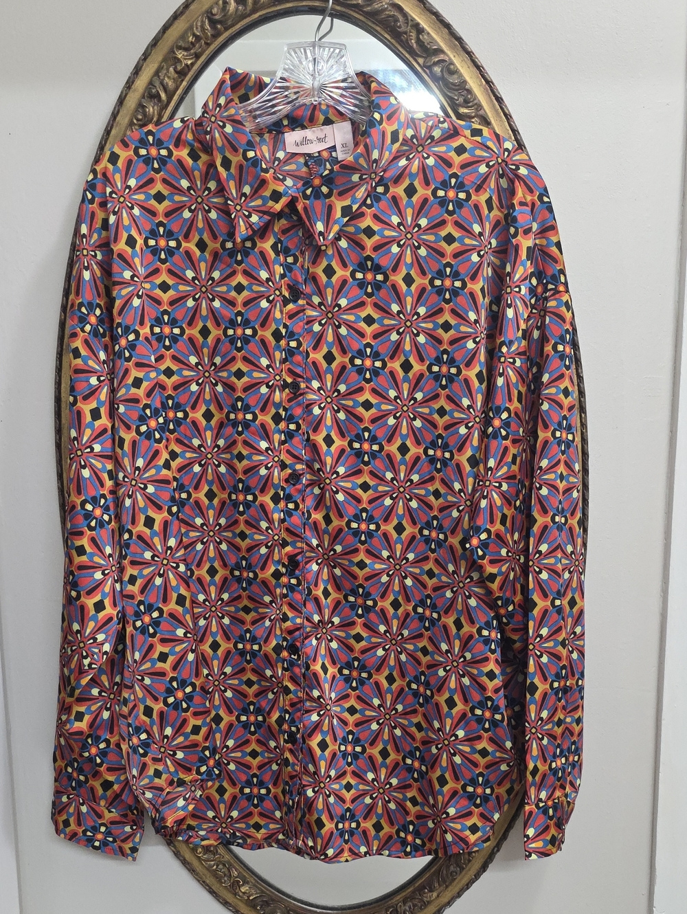 Willow & Root Multicolor Floral-Geo Button-Down Shirt Coral Navy Yellow Size XL